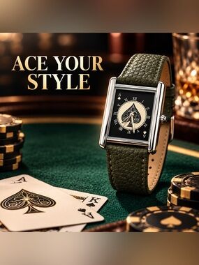 Ace of Spades Tank Style Watch Olive Green Strap Playing Card